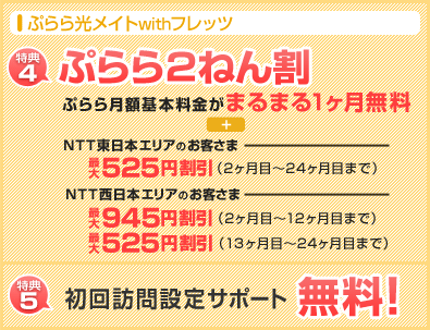 ぷらら光メイトwithフレッツ 特典4.ぷらら2ねん割
ぷらら月額基本料金がまるまる1ヶ月無料+
東日本エリア:最大525円割引(2ヶ月目〜24ヶ月目まで)
西日本エリア:最大945円割引(2ヶ月目〜12ヶ月目まで)
最大525円割引(13ヶ月目〜24ヶ月目まで)
特典5.初回訪問設定サポート無料!