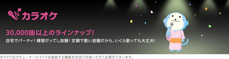 カラオケサービス 約30,000曲のラインナップ!自宅でパーティ!練習だってし放題!定額で歌い放題だから、いくら歌っても大丈夫!※マイク及びチューナーにマイクを接続する機器を別途ご用意いただく必要がございます。