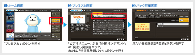 1.ホーム画面:「プレミアム」を選択する→2.プレミアム画面:「ビデオメニュー」から「NHKオンデマンド」の「見逃し見放題パック」また は、「特選見放題パック」を選択する→3.パック詳細画面: 見たい番組を選び「契約」ボタンを選択する