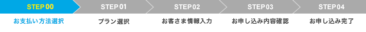 STEP01 お支払い方法を選択(現在位置)→STEP02 規約の同意→STEP03 プランなど選択 お客様情報入力→STEP04 確認→STEP05 完了