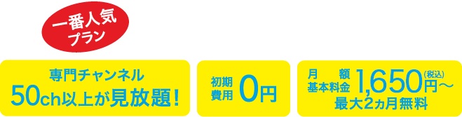 一番人気プラン テレビおすすめプラン 専門チャンネル50ch以上が見放題!初期費用0円 月額基本料金1,500円~(税抜)最大2ヵ月無料