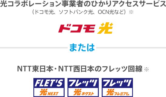 光コラボレーション事業者のひかりアクセスサービス（ぷらら光、ドコモ光、ソフトバンク光、OCN光など）※ または NTT東日本・NTT西日本のフレッツ回線※